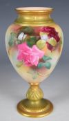 Royal Worcester pedestal vase decorated with roses, H14.5cm