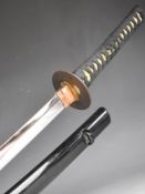 Japanese Samurai sword with some markings to tang, bound grip, two menuki, copper habaki, 68cm