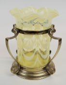 Art Nouveau silver plated and vaseline glass celery vase, 19cm tall.