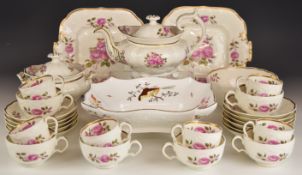 19th/20thC teaware with relief decoration and pink roses, and a 19thC footed dish decorated with