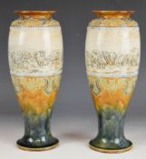 Hannah Barlow for Royal Doulton pair of art pottery pedestal vases sgraffito decorated with sheep,