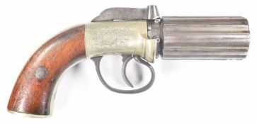 Unnamed six-shot percussion bar hammer action pepperbox pistol / revolver with engraved lock, top