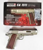 Swiss Arms SA 1911 .177 CO2 air pistol with chequered faux wooden grips, multi-shot magazine and