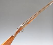 AYA 12 bore side by side shotgun with named and border engraved locks, chequered grip and forend,