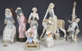 Seven Lladro figures including lady with needlework, Japanese flower arranger, cow herd etc, tallest