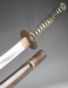 Japanese Samurai sword with bound grip, two menuki, 67cm curved blade and scabbard with decorated