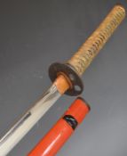 Japanese Samurai sword with bound fish skin wooden grip, two menuki, copper habaki, 73cm curved