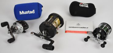 Three multiplier fishing reels comprising GT345LW, Ambassador 500lc and a Silvermax