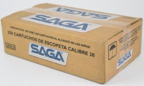 Two hundred and fifty 20 bore SAGA 25g 7 shot shotgun cartridges, all in original boxes. PLEASE NOTE