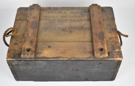 A W Bombs wooden crate with enamel sign to the inside 'Precautions' and 'A W Bombs Fragile Glass
