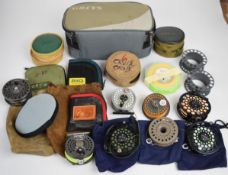 Collection of trout fly fishing reels comprising Orvis Battenkill BBSII, BBSV with two spare spools,
