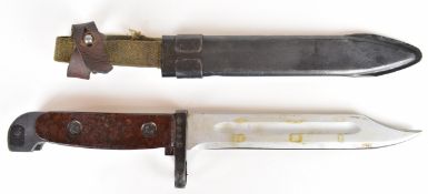 Cuban AK47 bayonet with wooden grips, 0062 to crossguard, 16.5cm Bowie style blade, scabbard, belt