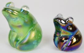 Two John Ditchfield for Glasform iridescent glass paperweights each in the form of a frog, largest