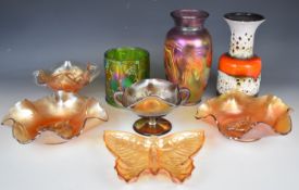 Collection of carnival / iridescent glass including a pair of pedestal frilled dishes with horse