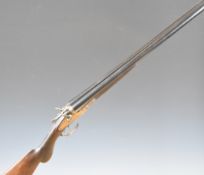 English 12 bore side by side hammer action shotgun with engraved locks, hammers and underside,