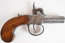 Simmons of London percussion hammer action pocket pistol with named and engraved locks, thumb