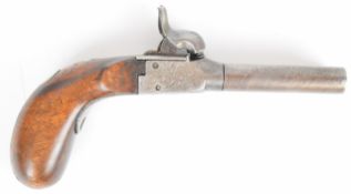 Unnamed double barrelled side by side percussion hammer action pocket pistol with engraved locks,