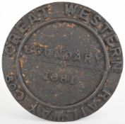 Great Western Railway (GWR) cast iron boundary marker dated 1881, H7.5cm x D20.5cm