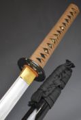Japanese Samurai sword with bound grip, two menuki, 70cm curved fullered blade, scabbard and knot.