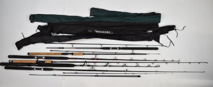 Collection of fishing rods including Miami Pro 30-50lb sea fishing boat rod, Okuma Fin Chaser