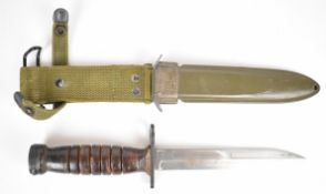 American fighting knife with leather grip, 17cm part double edged blade, scabbard marked U.S M8 B.