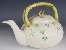 Belleek teapot with relief moulded basket weave decoration, H17cm