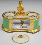Flight Barr & Barr 19thC standish decorated with a man hiking with his dog in a snowy landscape,