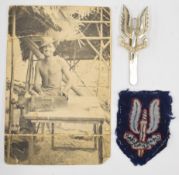 Two British Army Special Air Service cap badges, cloth beret and a Staybrite /  anodised example