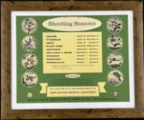 Eley-Kynoch Shooting Seasons hanging shop display or advertising card, in wooden frame 48x58cm.