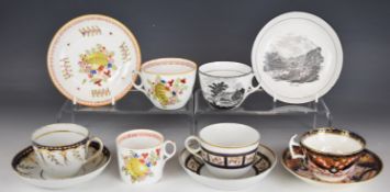 Five New Hall cups, saucers and a coffee can with Imari, shell and named landscape decoration of
