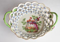 Worcester first period porcelain twin handled reticulated chestnut basket with exotic bird