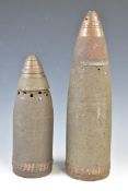 Two British WW1 inert artillery shells, both with fuse cones, Nos 80 and 83, tallest 46cm