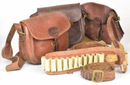 Six leather shotgun cartridge bags and belts to suit 12 bore and .410 shotgun cartridges.