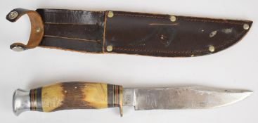 William Rodgers of Sheffield, Bowie knife with stag horn handle with 12.5cm blade and leather