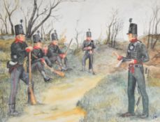 Watercolor painting of a Rifle Brigade Officer briefing his men by Bryn Parry, an ex Royal Green