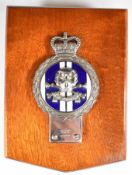 17th/21st Lancers metal and enamel car badge by J.R Gaunt, London, mounted on plaque, badge 8 x 13.