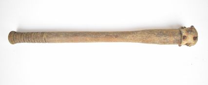 WW1 era trench club with metal studded head, wooden shaft and slatted handle, overall length 52cm