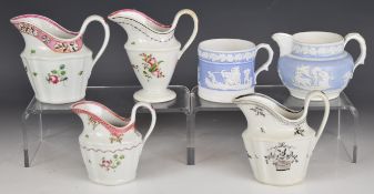 Five 18th/19thC New Hall cream jugs, one relief moulded with coffee can, tallest 11cm