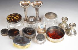 Hallmarked silver mounted items comprising four silver lidded cut glass dressing table pots, pair of
