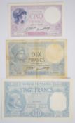 Three France 1916-18 issue banknotes, including high grade 1918 20 Francs featuring Pierre