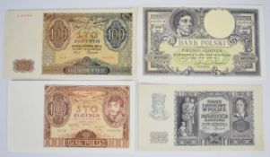 Four Poland banknotes including higher-grade 1919 500 Zlotych and 1940 20 Zlotych notes