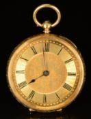 Unnamed 18ct gold open faced pocket watch with blued hands, black Roman numerals, gold dial,