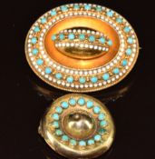 Two Victorian brooches, one set with turquoise and the other white enamel and turquoise