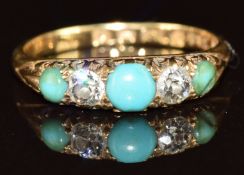 Victorian 18ct gold ring set with turquoise and old cut diamonds, London 1895, 2.4g, size K