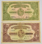 Two Tonga banknotes comprising a 1939 4 Shillings with overprint obscuring the word 'Sterling' and a