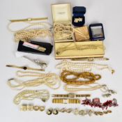 A collection of jewellery including faux pearls, earrings, Stratton compact etc