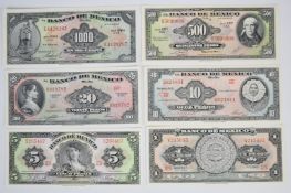 Six Mexico 1963-78 banknotes, 1-1000 Pesos