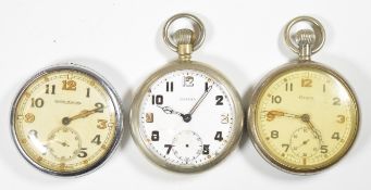 Three military keyless winding open faced pocket watches Jaeger LeCoultre, Grana and Damas, each