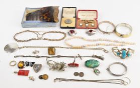 A collection of silver jewellery including enamel butterfly brooch, bangle with 9ct gold front,