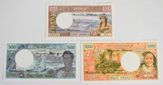 Three New Hebrides 1977-79 banknotes comprising 100, 500 and 1000 Francs